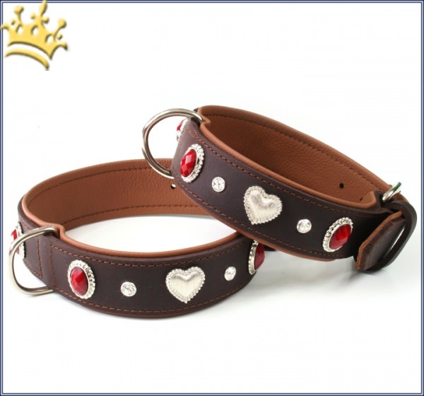 Hunde-Lederhalsband Silver Heart Rot