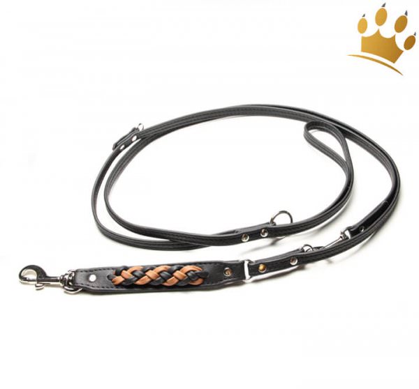 Hundeleine aus Leder Empire Double Schwarz- Cognac 200 cm