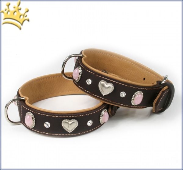Hunde-Lederhalsband Silver Heart Pink