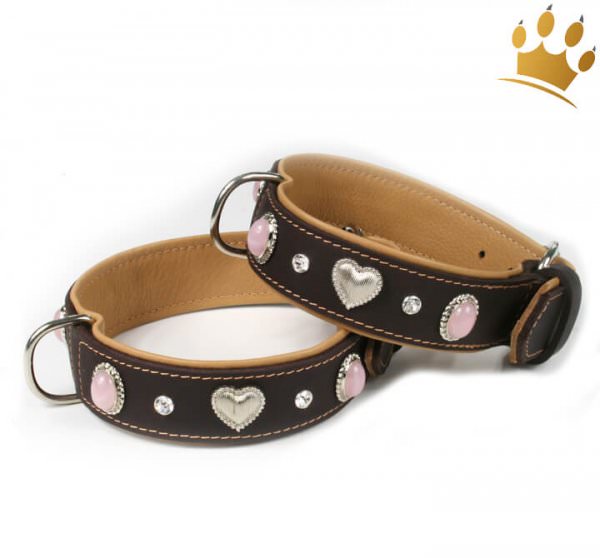 Hunde-Lederhalsband Silver Heart Pink